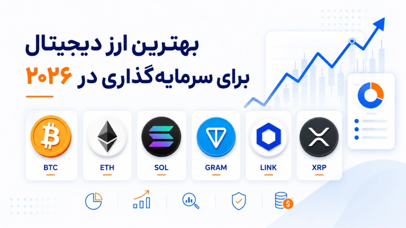 بهترین ارز دیجیتال برای سرمایهگذاری در ۲۰۲۶ با نمایش نمادهای اصلی بازار کریپتو