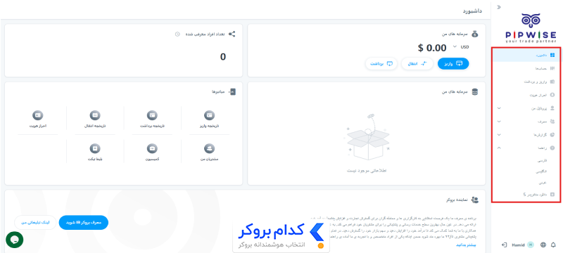 امکانات داشبورد بروکر pipwise