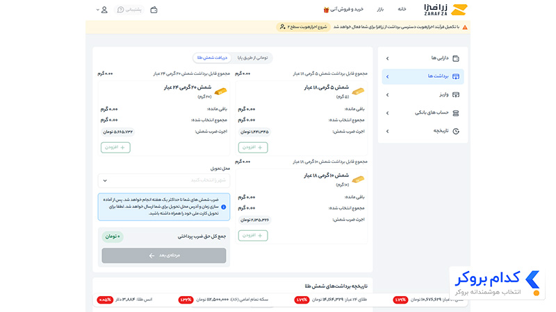 درخواست دریافت طلای فیزیکی در زرافزا