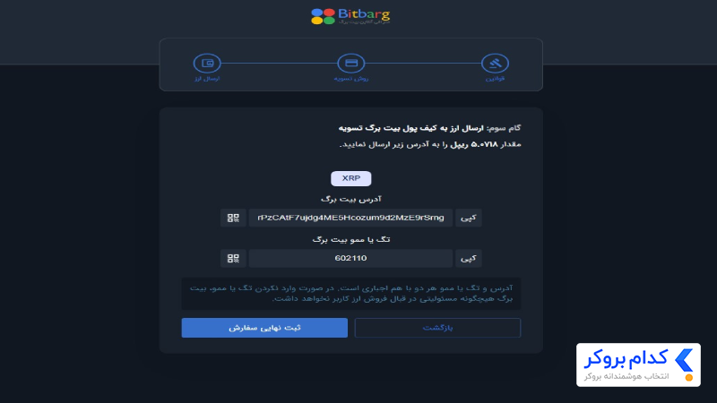 نمایش آدرس واریز یا فروش ارز دیجیتال در بیت برگ