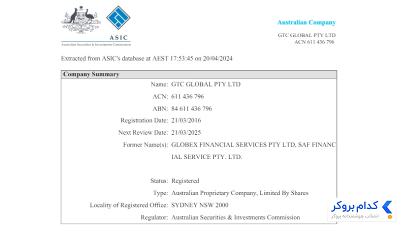 رگوله‌ ی ASIC استرالیا بروکر GTCFX