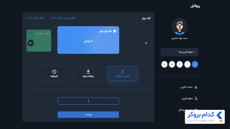 بخش کیف پول و واریز ریالی در بیت برگ
