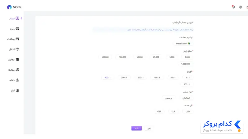 انواع حساب بروکر Neex
